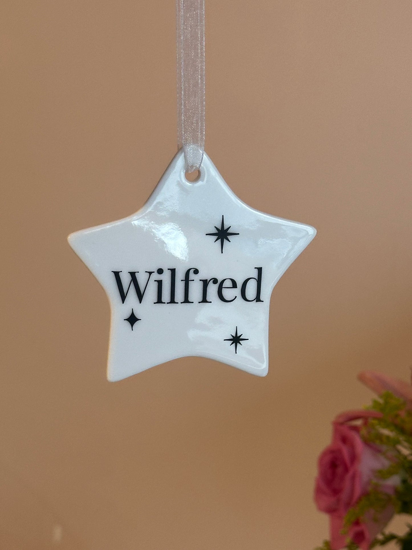 Personalised Name Heart Christmas Ornament: Ceramic, Star or Frosted Glass Bauble [Son Daughter Christmas Keepsake Star Heart Tree Decoration]