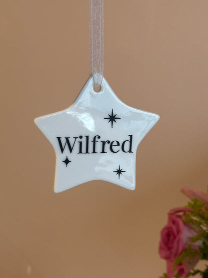 Personalised Name Heart Christmas Ornament: Ceramic, Star or Frosted Glass Bauble [Son Daughter Christmas Keepsake Star Heart Tree Decoration]