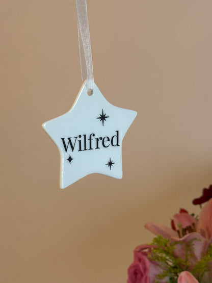 Personalised Name Heart Christmas Ornament: Ceramic, Star or Frosted Glass Bauble [Son Daughter Christmas Keepsake Star Heart Tree Decoration]