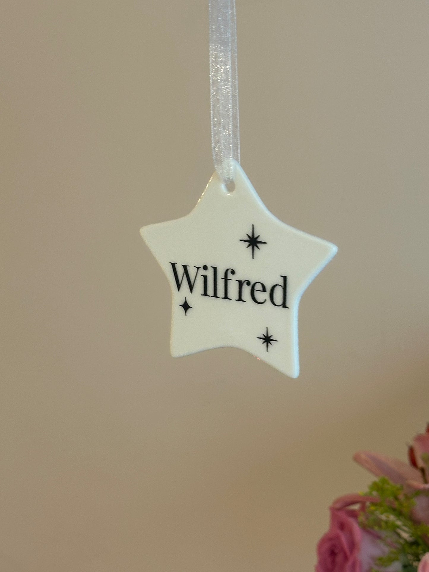 Personalised Name Heart Christmas Ornament: Ceramic, Star or Frosted Glass Bauble [Son Daughter Christmas Keepsake Star Heart Tree Decoration]