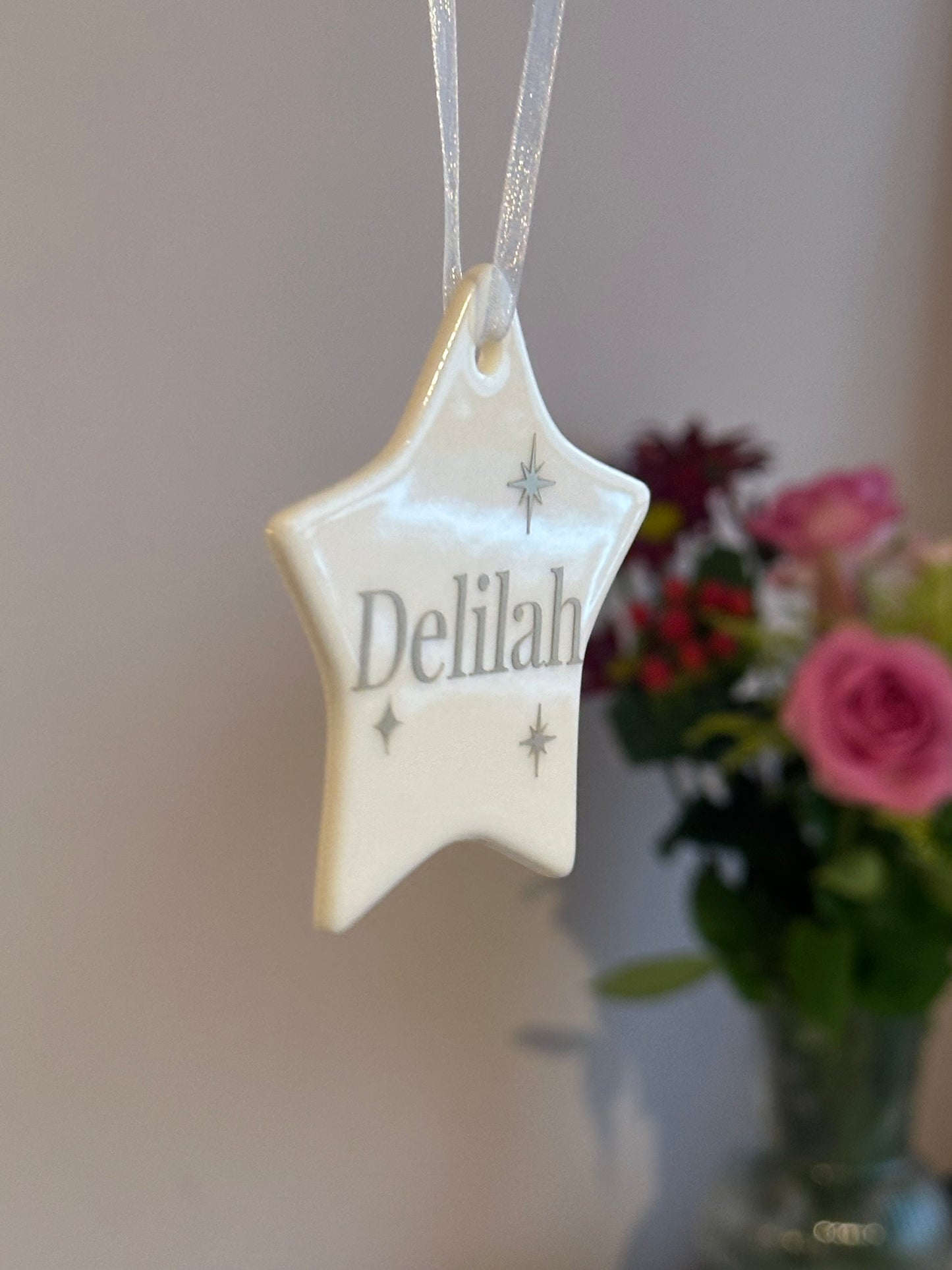 Personalised Name Heart Christmas Ornament: Ceramic, Star or Frosted Glass Bauble [Son Daughter Christmas Keepsake Star Heart Tree Decoration]