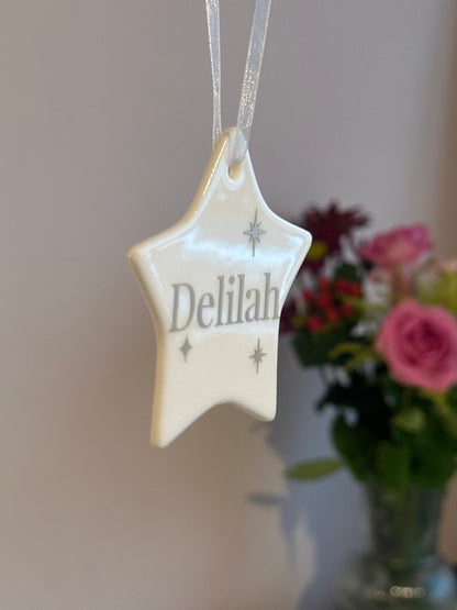 Personalised Name Heart Christmas Ornament: Ceramic, Star or Frosted Glass Bauble [Son Daughter Christmas Keepsake Star Heart Tree Decoration]
