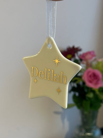 Personalised Name Heart Christmas Ornament: Ceramic, Star or Frosted Glass Bauble [Son Daughter Christmas Keepsake Star Heart Tree Decoration]