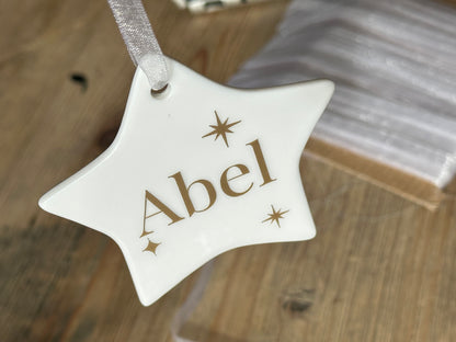 Personalised Name Heart Christmas Ornament: Ceramic, Star or Frosted Glass Bauble [Son Daughter Christmas Keepsake Star Heart Tree Decoration]