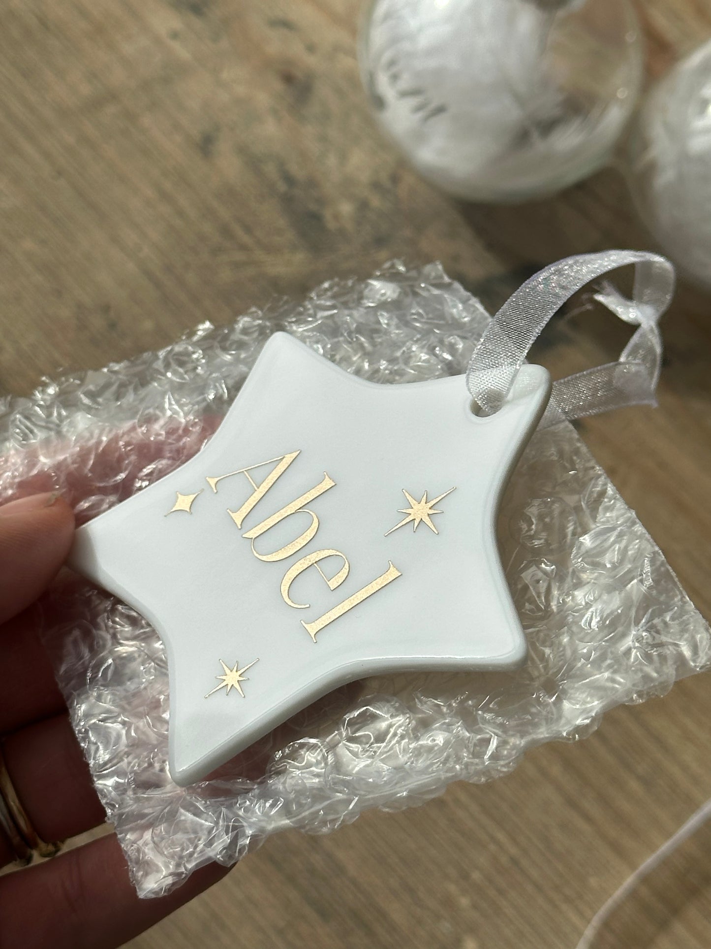 Personalised Name Heart Christmas Ornament: Ceramic, Star or Frosted Glass Bauble [Son Daughter Christmas Keepsake Star Heart Tree Decoration]