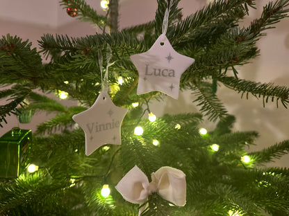 Personalised Name Heart Christmas Ornament: Ceramic, Star or Frosted Glass Bauble [Son Daughter Christmas Keepsake Star Heart Tree Decoration]