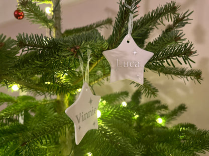 Personalised Name Heart Christmas Ornament: Ceramic, Star or Frosted Glass Bauble [Son Daughter Christmas Keepsake Star Heart Tree Decoration]