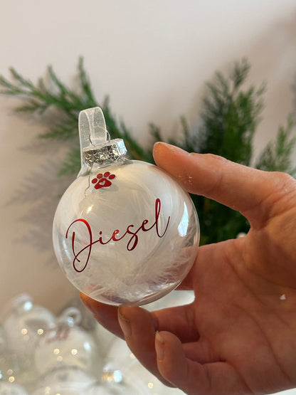 Personalised White Feather Paw Memorial Bauble: Dog, Cat, Pet Glass Remembrance Ornament
