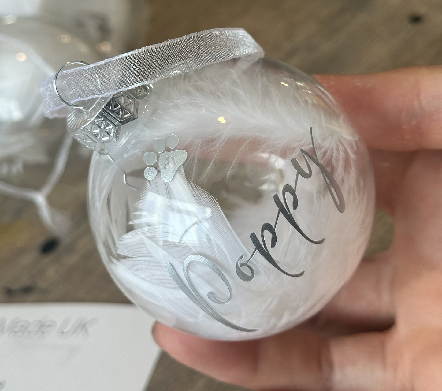 Personalised White Feather Paw Memorial Bauble: Dog, Cat, Pet Glass Remembrance Ornament