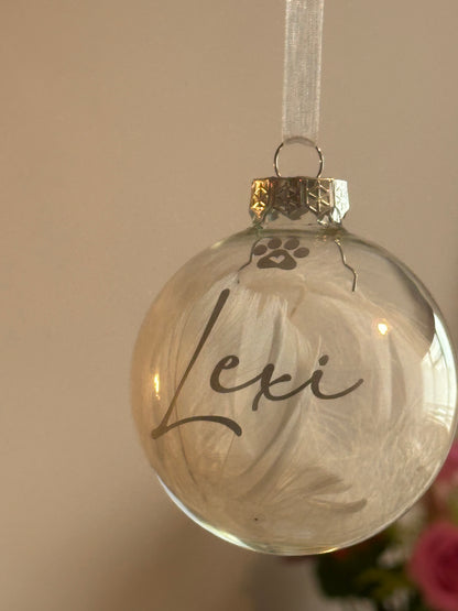Personalised White Feather Paw Memorial Bauble: Dog, Cat, Pet Glass Remembrance Ornament