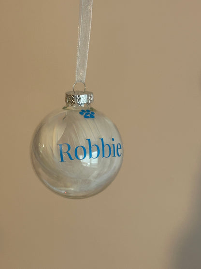 Personalised White Feather Paw Memorial Bauble: Dog, Cat, Pet Glass Remembrance Ornament