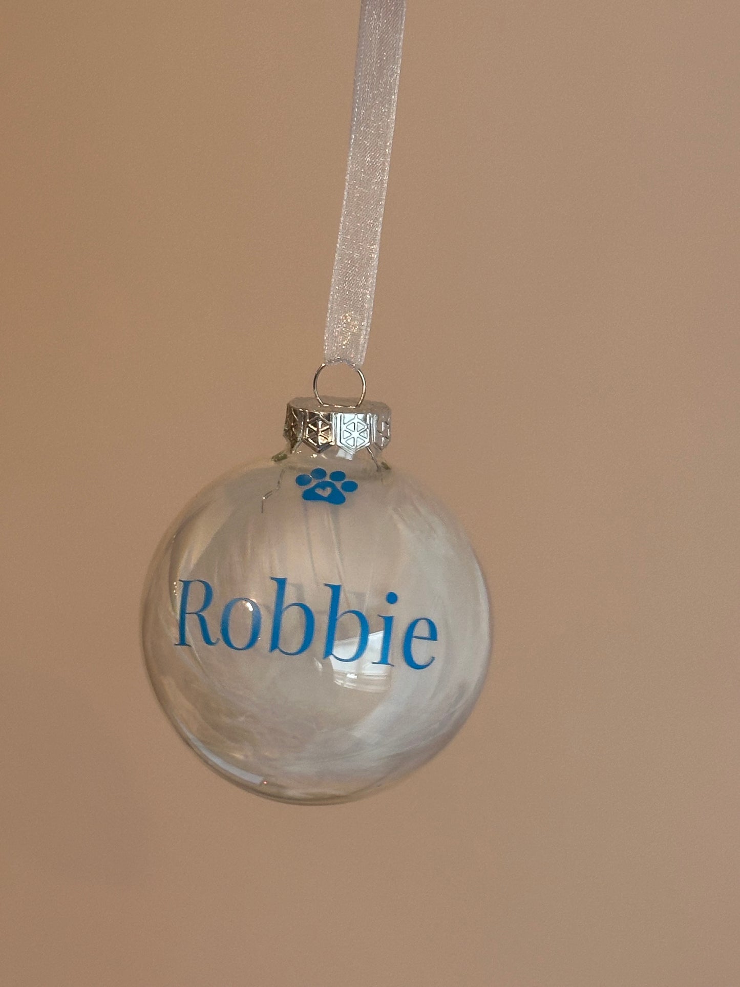 Personalised White Feather Paw Memorial Bauble: Dog, Cat, Pet Glass Remembrance Ornament