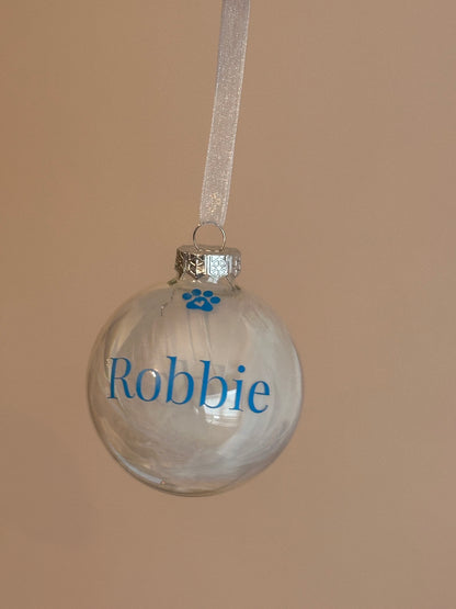 Personalised White Feather Paw Memorial Bauble: Dog, Cat, Pet Glass Remembrance Ornament