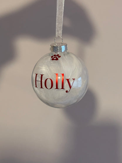 Personalised White Feather Paw Memorial Bauble: Dog, Cat, Pet Glass Remembrance Ornament