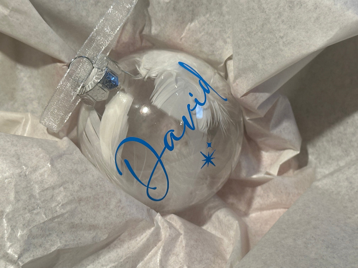Personalised White Feather Memorial Bauble: Glass Remembrance Ornament [Christmas Bereavement Parent Baby Loss]