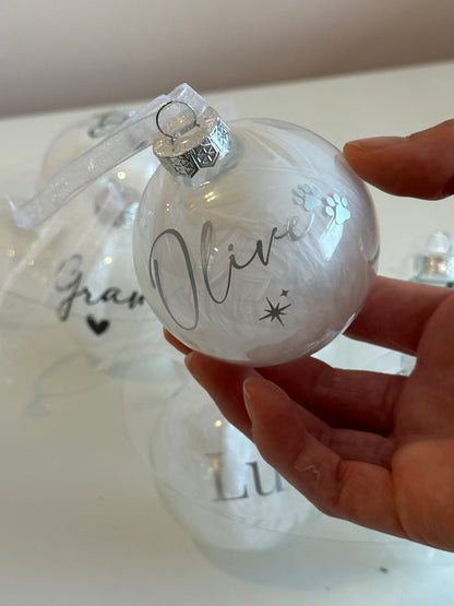 Personalised White Feather Memorial Bauble: Glass Remembrance Ornament [Christmas Bereavement Parent Baby Loss]