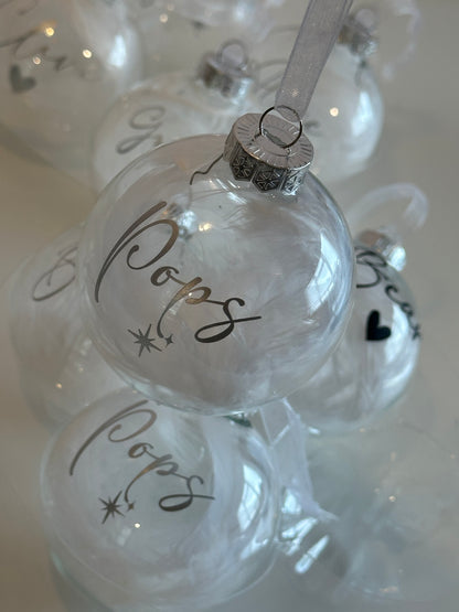 Personalised White Feather Memorial Bauble: Glass Remembrance Ornament [Christmas Bereavement Parent Baby Loss]