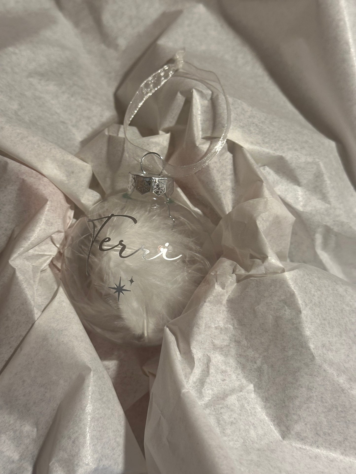 Personalised White Feather Memorial Bauble: Glass Remembrance Ornament [Christmas Bereavement Parent Baby Loss]