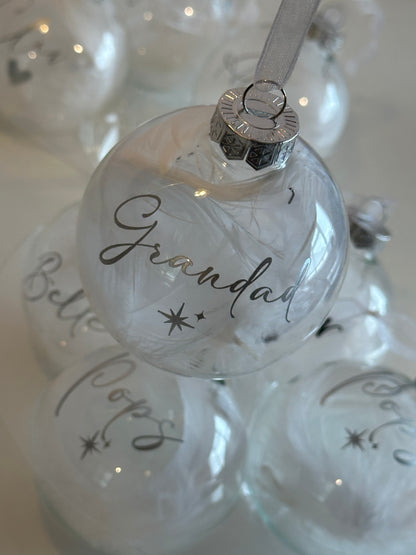 Personalised White Feather Memorial Bauble: Glass Remembrance Ornament [Christmas Bereavement Parent Baby Loss]