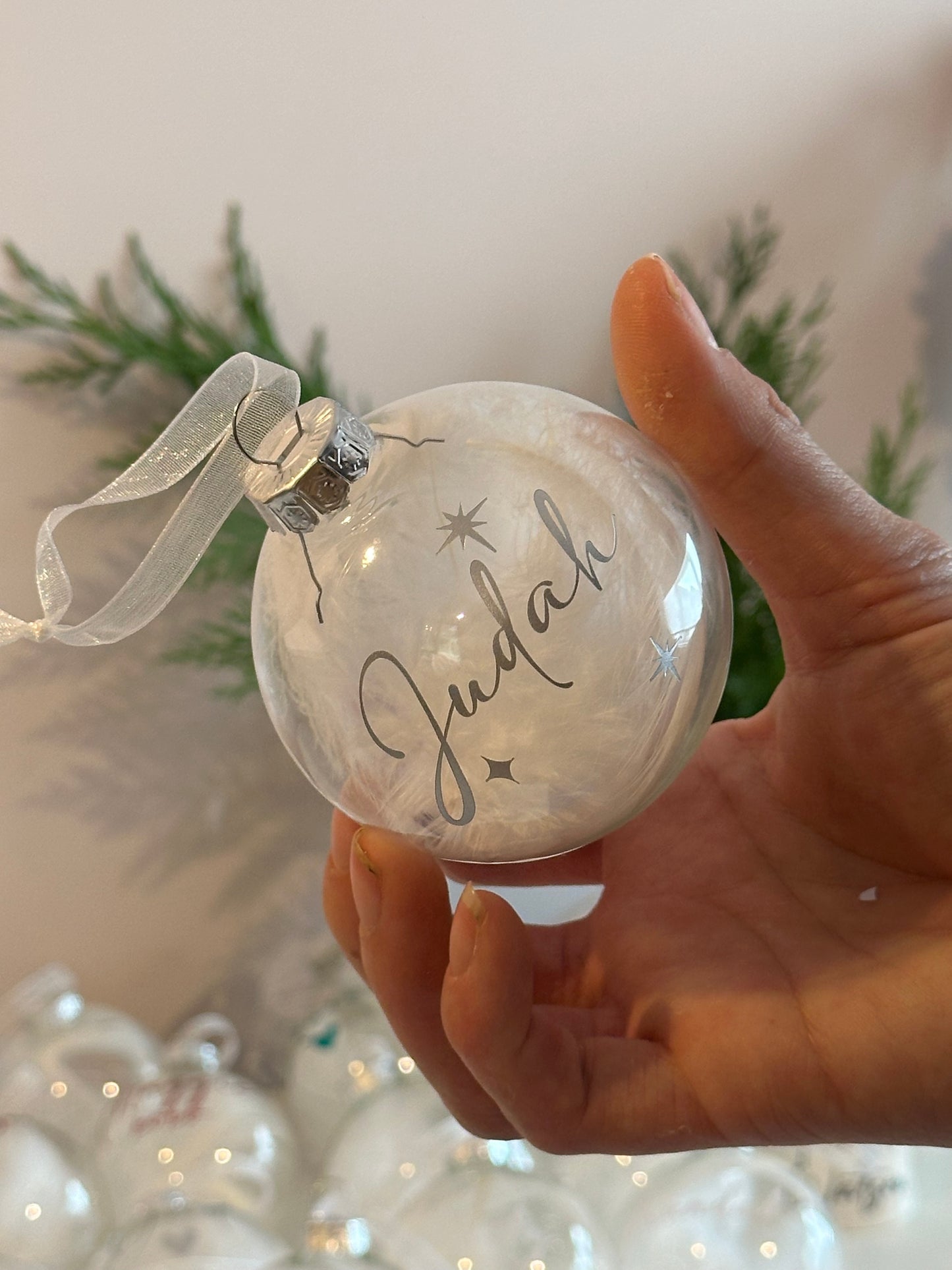 Personalised Name Star Christmas Ornament: White Feather Glass Bauble [New Baby First Christmas Keepsake Star Heart Tree Decoration]