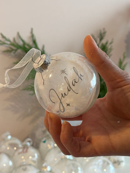 Personalised Name Star Christmas Ornament: White Feather Glass Bauble [New Baby First Christmas Keepsake Star Heart Tree Decoration]