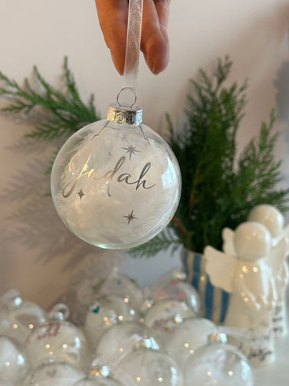 Personalised Name Star Christmas Ornament: White Feather Glass Bauble [New Baby First Christmas Keepsake Star Heart Tree Decoration]