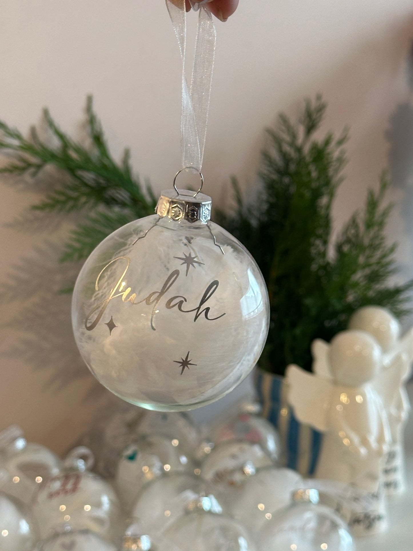 Personalised Name Star Christmas Ornament: White Feather Glass Bauble [New Baby First Christmas Keepsake Star Heart Tree Decoration]