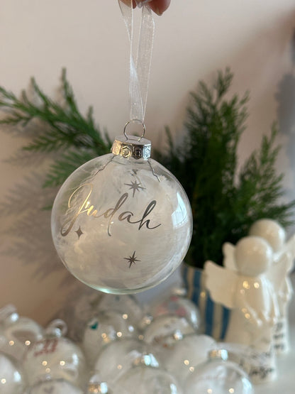 Personalised Name Star Christmas Ornament: White Feather Glass Bauble [New Baby First Christmas Keepsake Star Heart Tree Decoration]