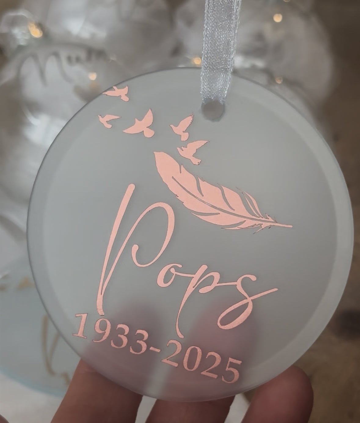 Personalised Christmas Memorial Ornament: Ceramic or Glass Feather Keepsake [Loss Grief Pet Loss Baby Loss Parent Loss]