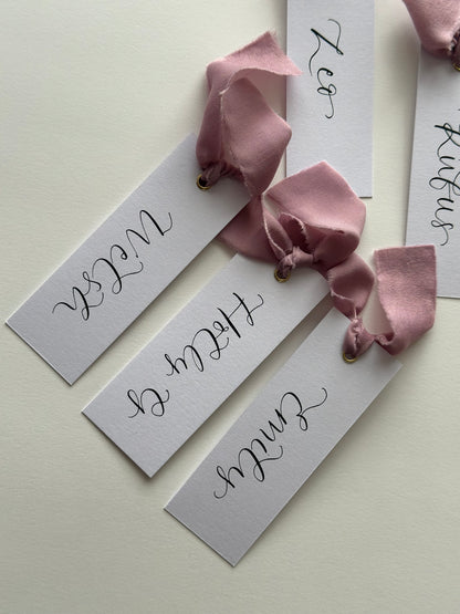 LILAC Chiffon Ribbon Calligraphy Place Name Card | White Calligraphy Wedding Place Name Card | Gold or Silver Eyelet