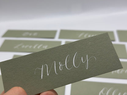 Calligraphy Wedding Place Name Card | Matte Coloured Card with Hand Written Calligraphy optional gold or silver eyelet
