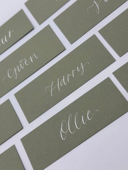 Calligraphy Wedding Place Name Card | Matte Coloured Card with Hand Written Calligraphy optional gold or silver eyelet