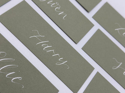 Calligraphy Wedding Place Name Card | Matte Coloured Card with Hand Written Calligraphy optional gold or silver eyelet