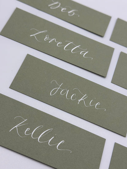 Calligraphy Wedding Place Name Card | Matte Coloured Card with Hand Written Calligraphy optional gold or silver eyelet