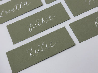 Calligraphy Wedding Place Name Card | Matte Coloured Card with Hand Written Calligraphy optional gold or silver eyelet