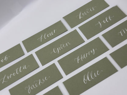 Calligraphy Wedding Place Name Card | Matte Coloured Card with Hand Written Calligraphy optional gold or silver eyelet
