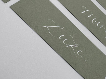 Calligraphy Wedding Place Name Card | Matte Coloured Card with Hand Written Calligraphy optional gold or silver eyelet
