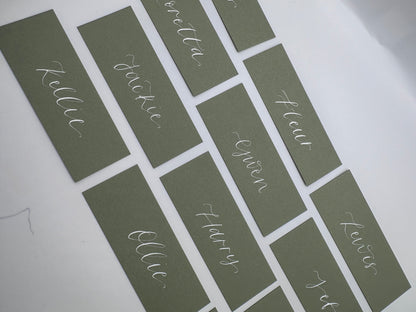 Calligraphy Wedding Place Name Card | Matte Coloured Card with Hand Written Calligraphy optional gold or silver eyelet