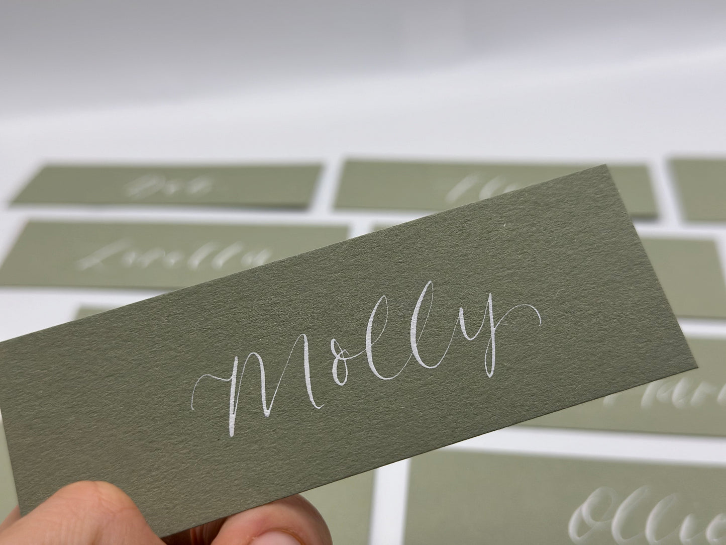 Calligraphy Wedding Place Name Card | Eucalyptus Card with Hand Written Calligraphy optional gold or silver eyelet