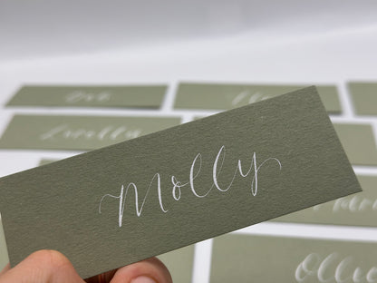 Calligraphy Wedding Place Name Card | Matte Coloured Card with Hand Written Calligraphy optional gold or silver eyelet