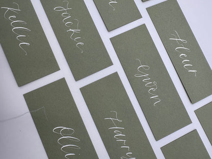 Calligraphy Wedding Place Name Card | Matte Coloured Card with Hand Written Calligraphy optional gold or silver eyelet