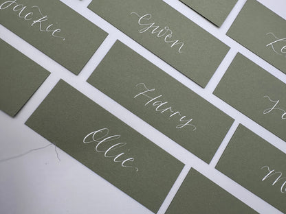 Calligraphy Wedding Place Name Card | Matte Coloured Card with Hand Written Calligraphy optional gold or silver eyelet