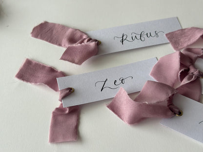 LILAC Chiffon Ribbon Calligraphy Place Name Card | White Calligraphy Wedding Place Name Card | Gold or Silver Eyelet