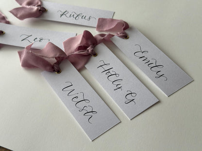 LILAC Chiffon Ribbon Calligraphy Place Name Card | White Calligraphy Wedding Place Name Card | Gold or Silver Eyelet
