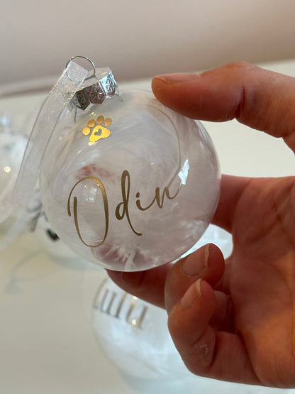 Personalised White Feather Paw Memorial Bauble: Dog, Cat, Pet Glass Remembrance Ornament