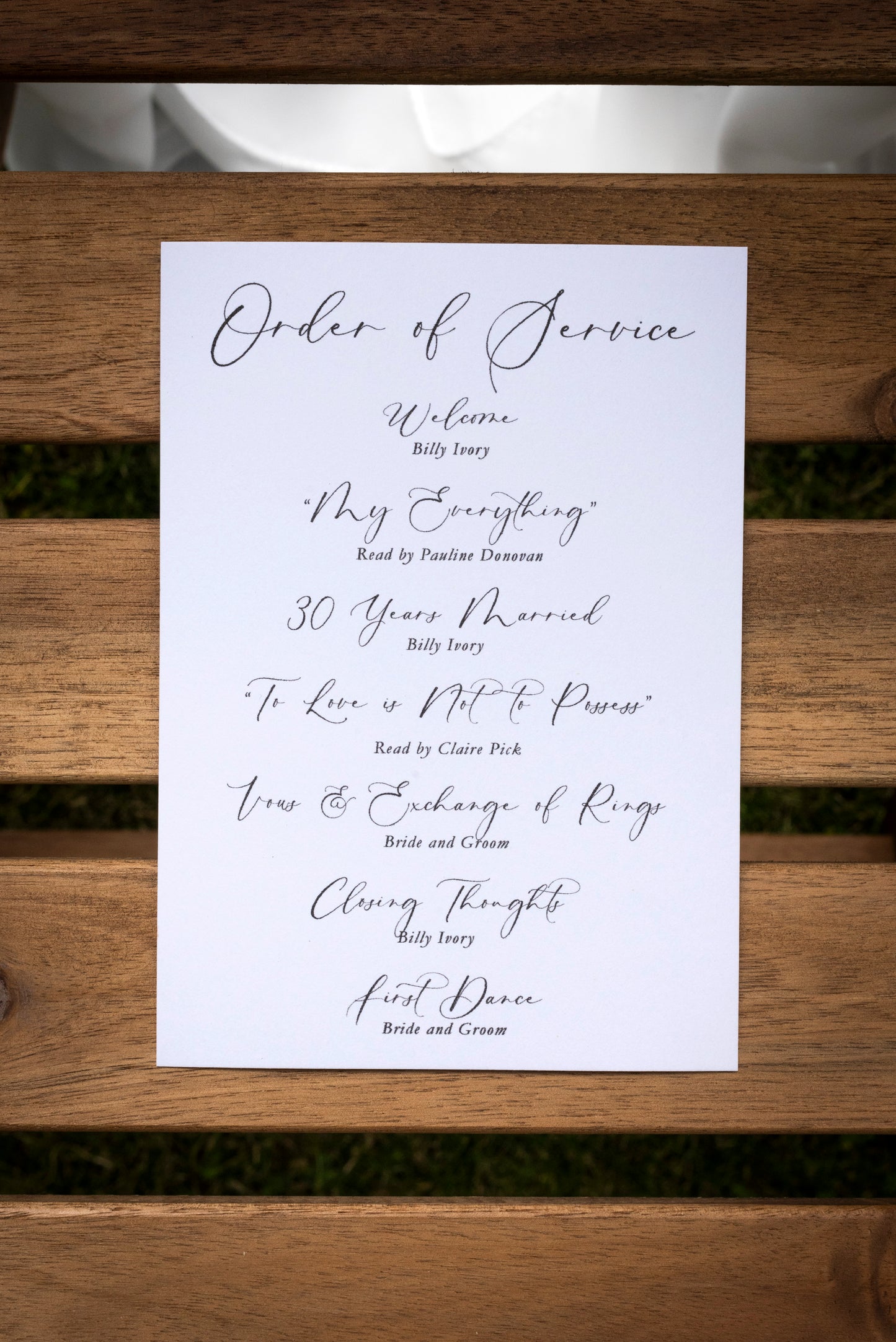 Printed Order of Service Card | Min A5 A6 Personalised Printed Order of the Day Sign