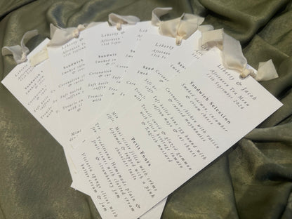 Skinny White Menu Card with Chiffon Ribbon | Printed Personalised Wedding Menu Card