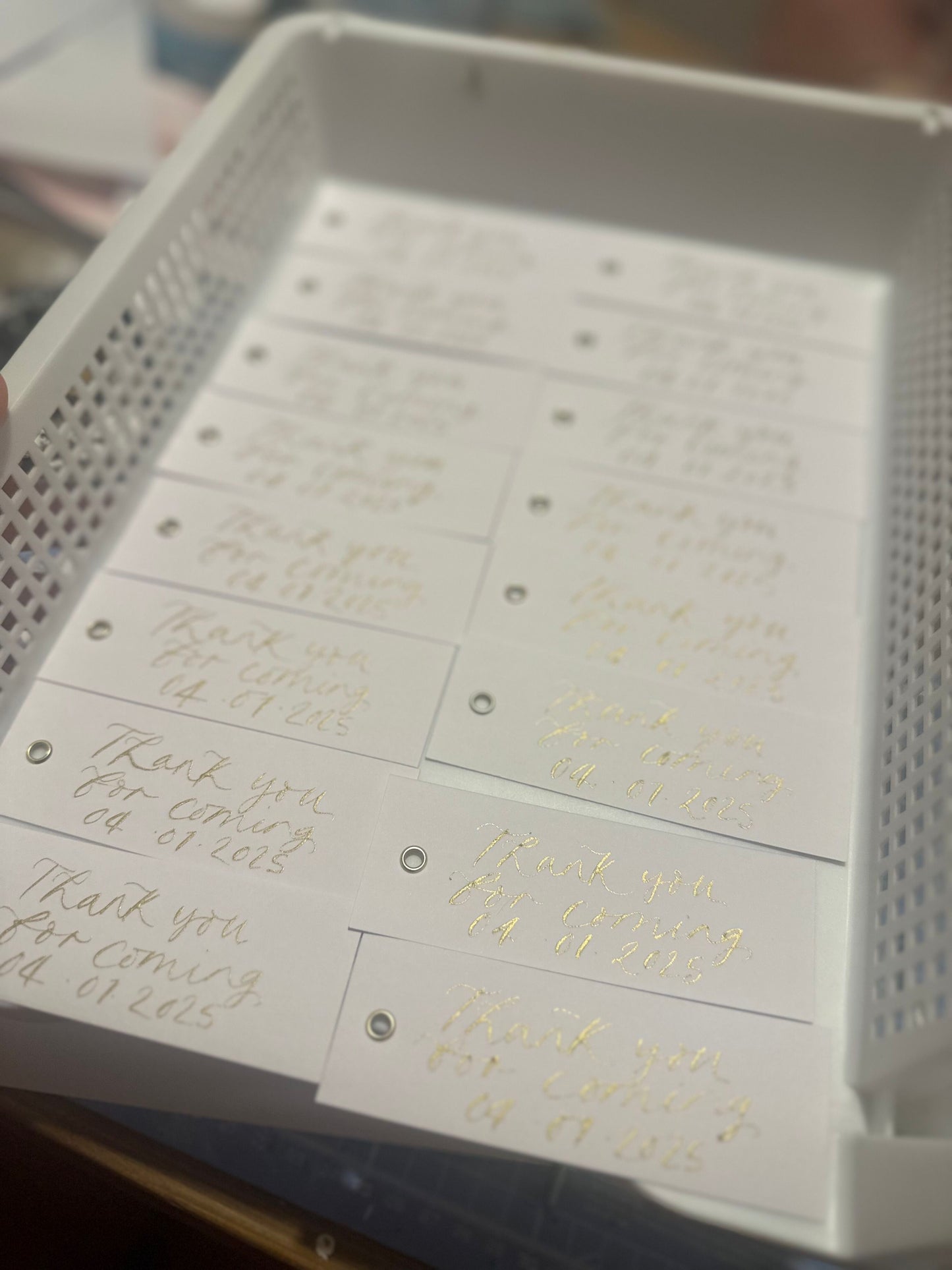 WHITE Calligraphy Place Name Card | White Card with Hand Written Calligraphy optional gold or silver eyelet