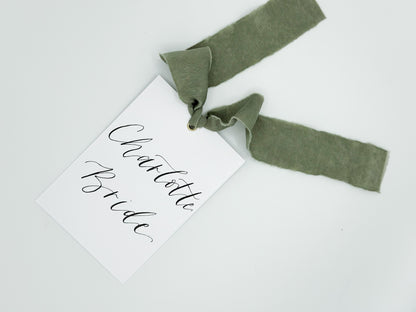 Ribbon Calligraphy Wedding Dress Hanger Sign | A7 Calligraphy Wedding Reserved Sign Card | Gold or Silver Eyelet