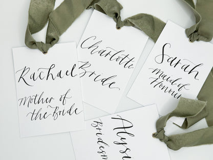 Ribbon Calligraphy Wedding Dress Hanger Sign | A7 Calligraphy Wedding Reserved Sign Card | Gold or Silver Eyelet